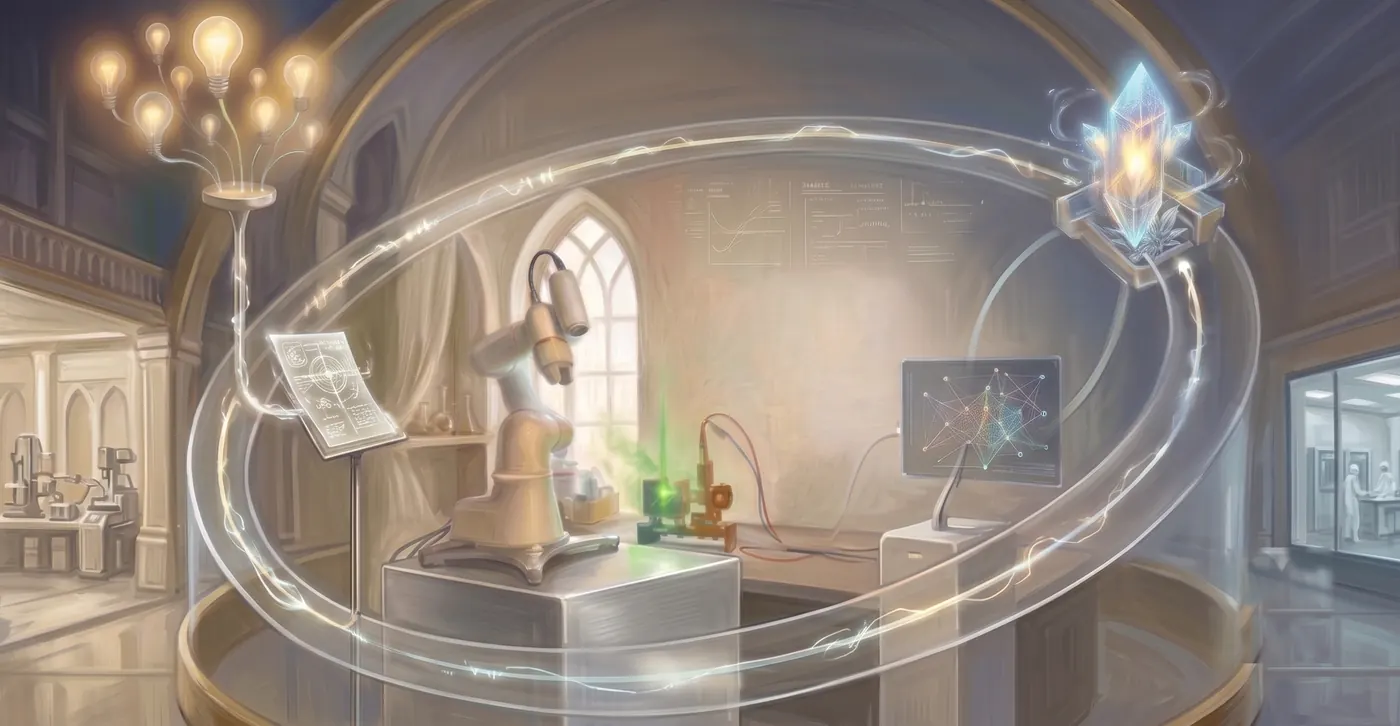 Artist's rendering of the MetaSensing research loop — idea, literature, measurement, analysis and self-evolution circling a lab bench