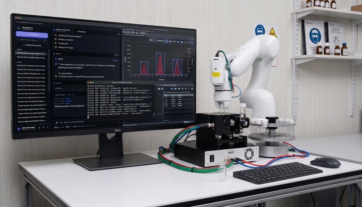Lab bench with robotic arm, Raman setup and the MetaSpectra agent driving instruments